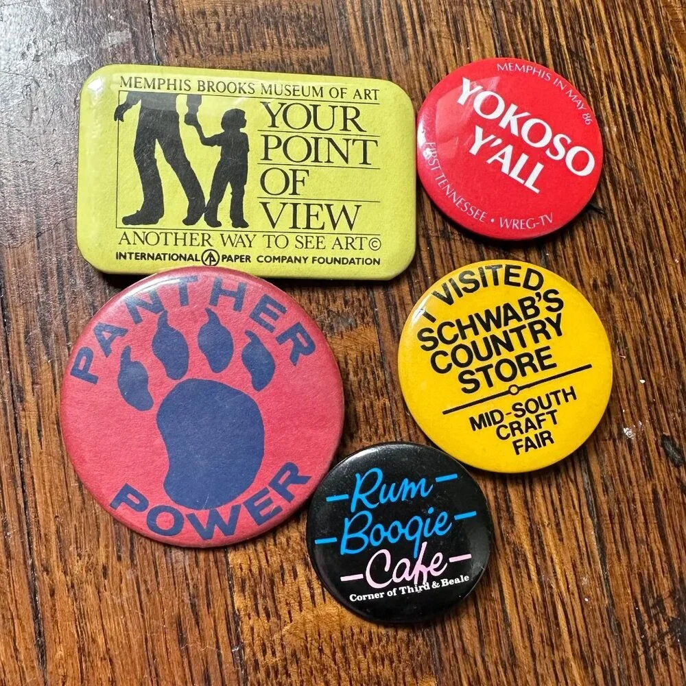 Lot of Vintage Memphis Pinback Buttons, Brooks Museum, Schwabs, Panther Power